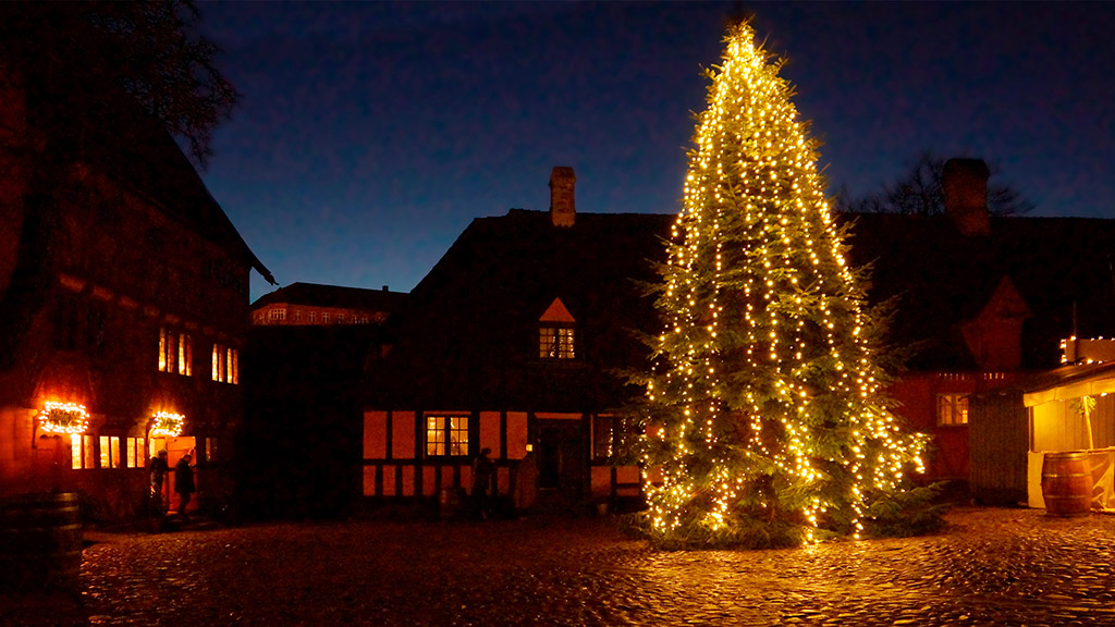 Christmas tree on the square in Den Gamle By - Old Town Museum