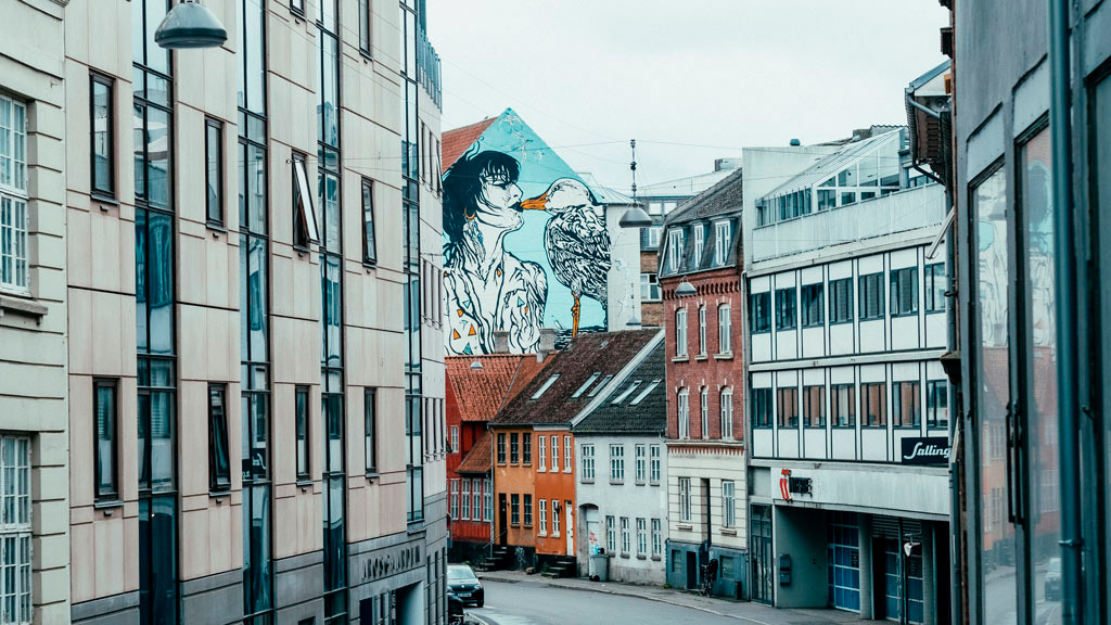 Fiskergade med mågekysset i baggrunden