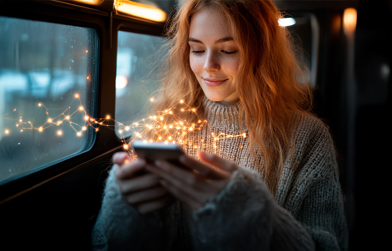 AI genereret kvinde med smartphone i tog