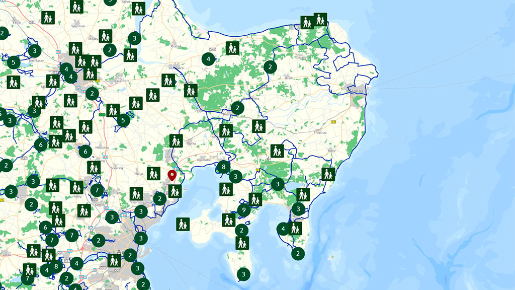 Vandreture på et kort fra Ud i Naturen