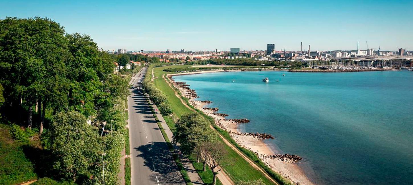 Road along the Aarhus Bay with Aarhus in the background