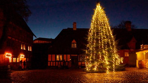 Christmas tree on the square in Den Gamle By - Old Town Museum