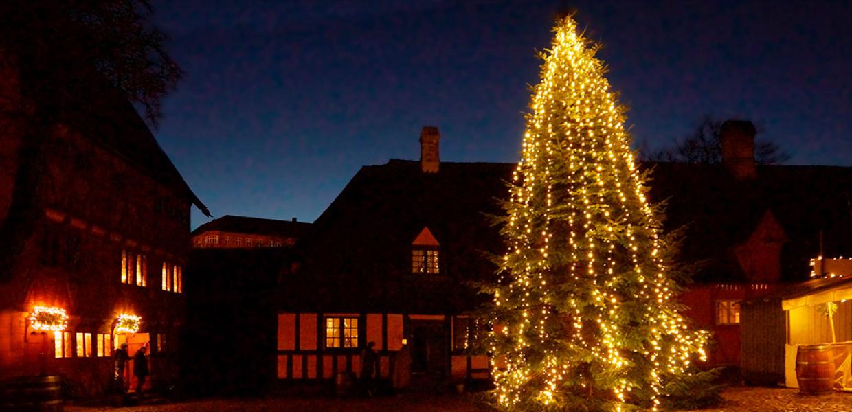 Christmas tree on the square in Den Gamle By - Old Town Museum