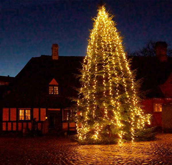 Christmas tree on the square in Den Gamle By - Old Town Museum
