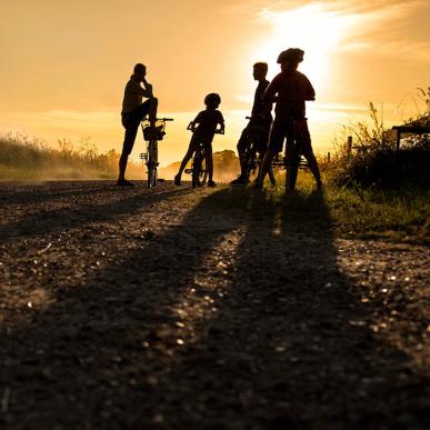 Family on a biking trip at sunset