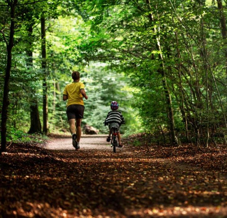 Active dad and child in the forest by Aarhus